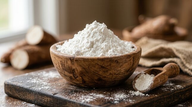 A wooden bowl filled with tapioca starch powder on a rustic wood surface