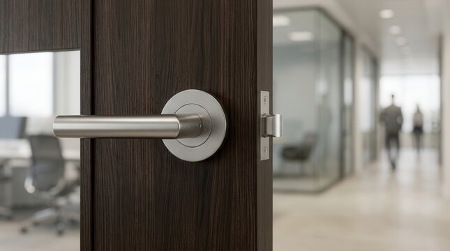 Brushed metal lever handle and secure latch on a wooden office door.