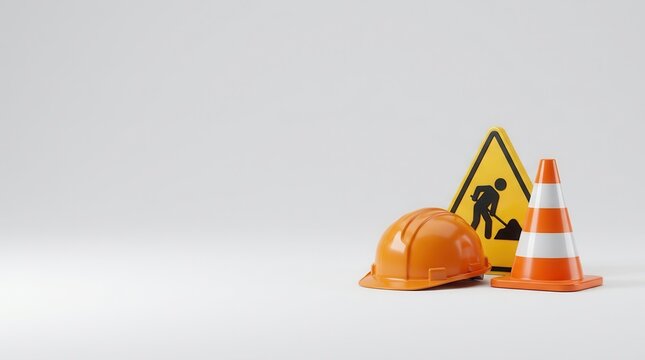 Modern under construction scene template featuring a traffic cone, warning sign, and orange hard hat.