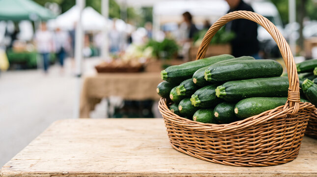 Fresh green zucchinis neatly arranged in a wicker basket at an outdoor farmers market for food display and banner background
