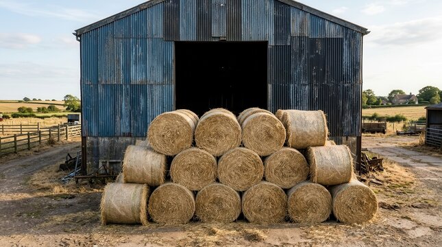 Large hay bales and silage stored outside an agricultural barn building.