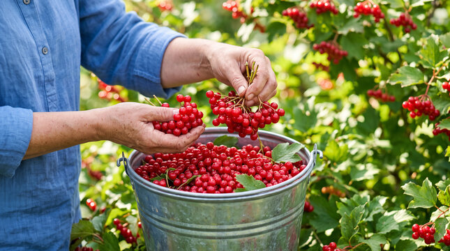 Hands picking red viburnum berries into a metal bucket for berry harvest background and seasonal jam making design