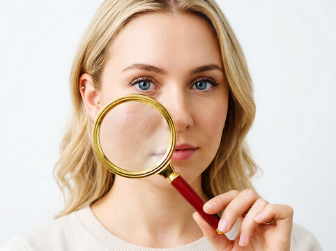 Woman examining facial skin texture with magnifying mirror face