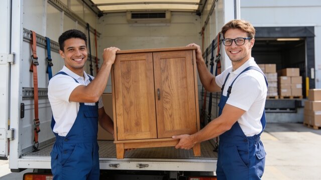 Professional moving service with two workers carrying cabinet into commercial delivery vehicle.
