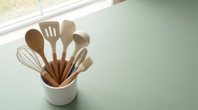 Set of silicone cooking tools and kitchen utensils arranged in a ceramic crock.