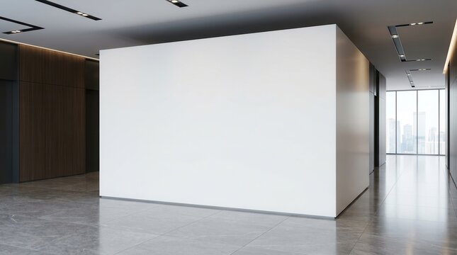A 3D rendering of a blank white wall in a modern corporate office interior.