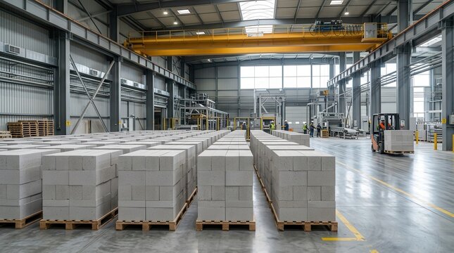Stacks of aerated concrete AAC blocks and fly ash bricks stored in a large industrial warehouse.