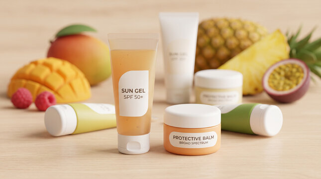 Sun protection skincare set with spf gel and protective balm arranged with tropical fruit backdrop for cosmetic packaging and beauty product display