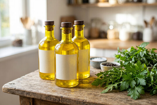 Three olive oil bottles on a rustic wooden table with fresh parsley for kitchen background and cooking label mockup for culinary design