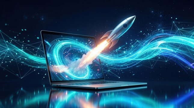 Conceptual digital rocket exiting a computer screen with glowing abstract waves.