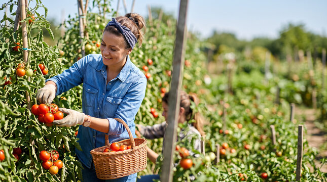 Woman harvesting ripe tomatoes in a sunlit vegetable garden with wicker basket for farm produce banner and organic farming background for seasonal food design