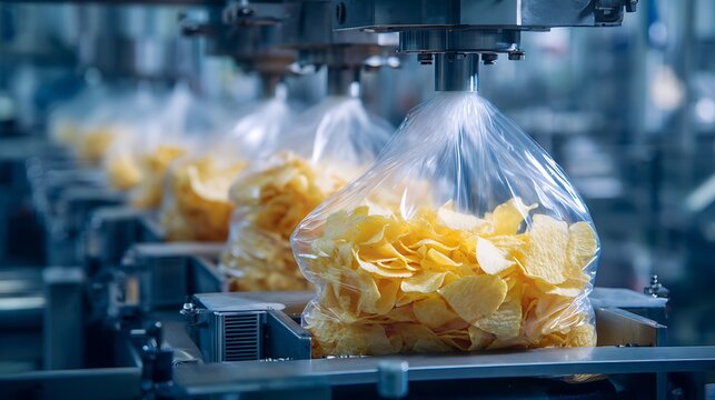 Industrial food processing line filling clear plastic bags with golden potato chips
