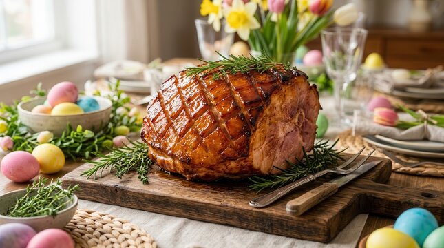 Delicious roasted Easter ham with rosemary on a festive decorated table.