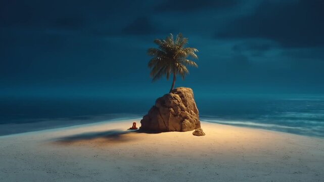 Serene tropical island scene at night with a single palm tree on a rocky outcrop surrounded by dark ocean waters and a glowing base.