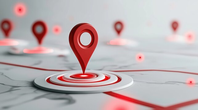 Red 3 d location pins on a light gray map with concentric target rings