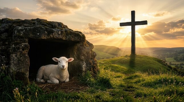 Easter theme featuring a lamb in a stone tomb and a silhouette of a cross during sunrise.