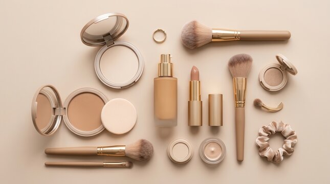 Minimalist flat lay of beige makeup products such as powder, lipstick, and brushes on a pastel surface.