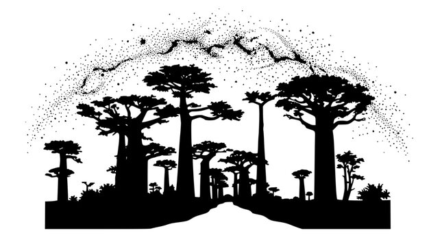 Black and white silhouette of baobab trees under a starry night sky