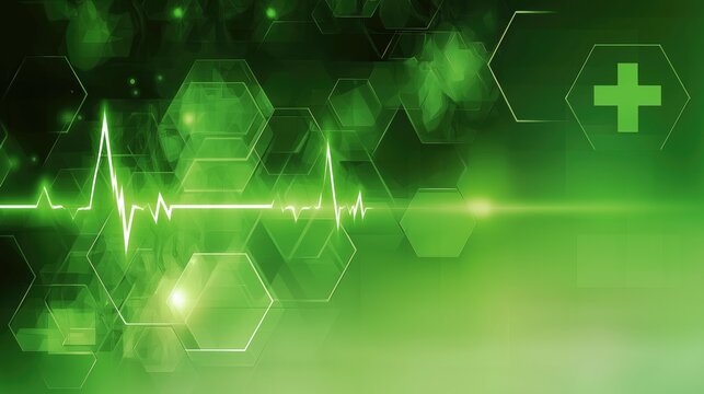 Green medical background, with ekg heartbeat, line and hexagonal patterns