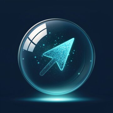Glowing blue cursor arrow inside a transparent glass sphere