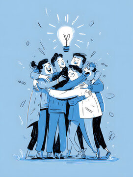 Joyful team hugging idea breakthrough collaboration celebration creativity innovation teamwork support unity inspiration