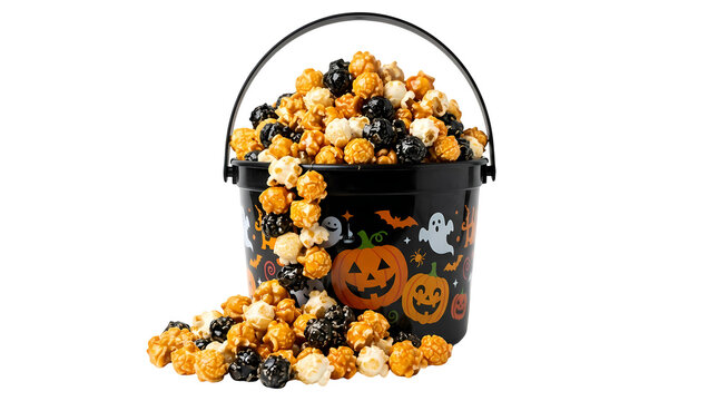Halloween bucket overflowing with caramel popcorn and candy corn a festive treat.