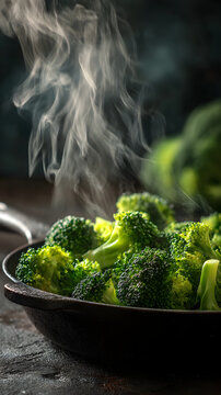Steaming broccoli florets in cast iron pan, vibrant green vegetable cooking with rising steam and rustic kitchen mood