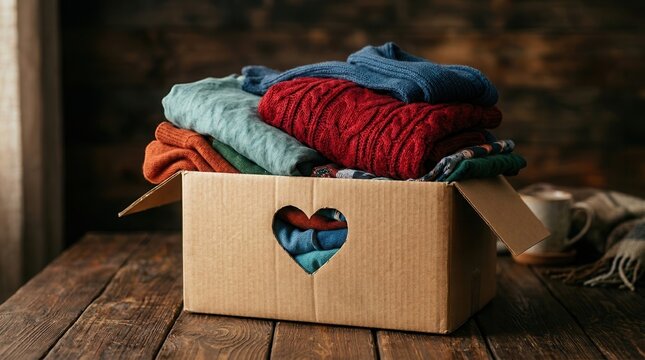 A cardboard box filled with colorful folded clothes for charitable giving and sustainability.