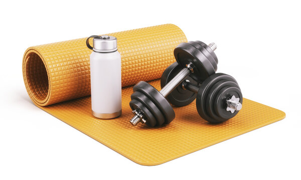 Exercise mat with gym dumbbells weights and water bottle - Fitness, gym concept