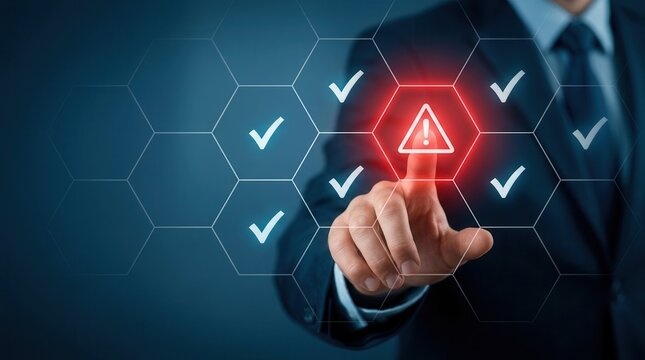 Risk and contingency management concept with a businessman interacting with a red warning icon.