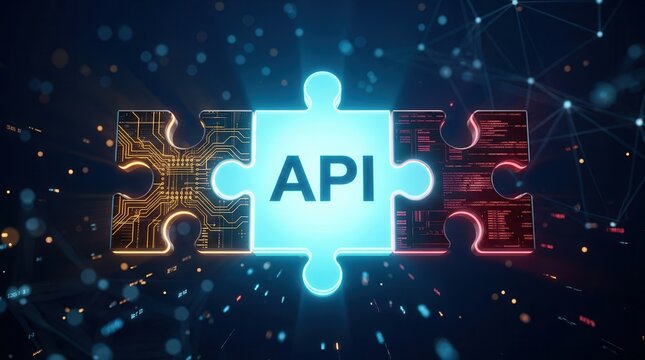 Digital API integration with puzzle pieces symbolizing connectivity and interoperability.