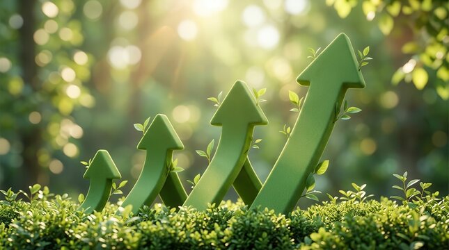 Sustainable development and positive environmental growth trends shown by green grass arrows.