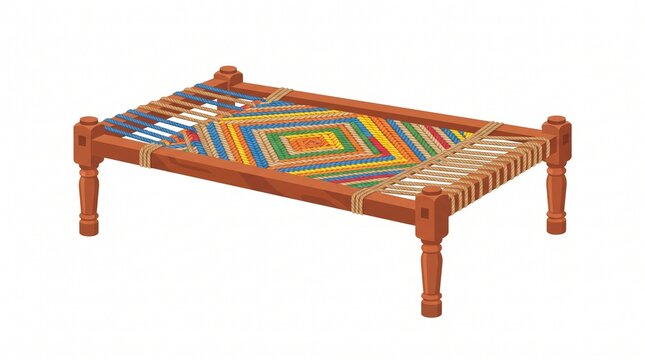 Traditional Indian charpai bed with colorful woven rope pattern, rustic wooden daybed furniture, ethnic handmade cot isolated on white background