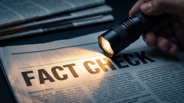 Close up of a flashlight shining on a newspaper headline saying fact check for truth seeking.