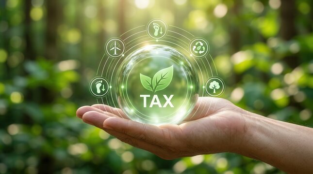 A person holding a glass sphere with green icons for carbon tax and environmental tax incentives.