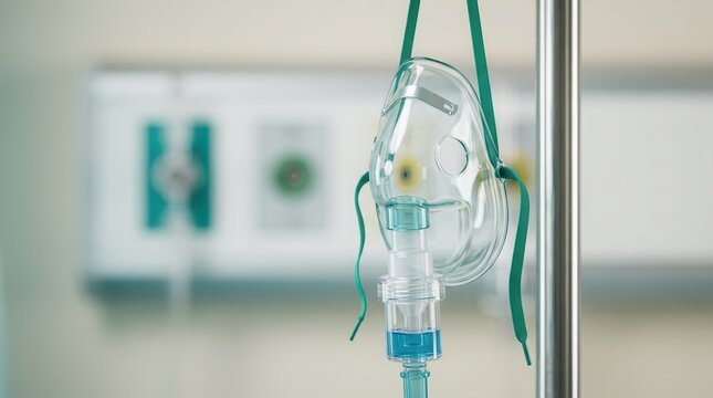 Medical oxygen mask hanging near a clinical valve setting with a blurry background.