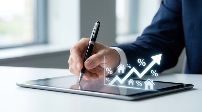 A person writing on a tablet showing real estate growth and rising interest rate icons.
