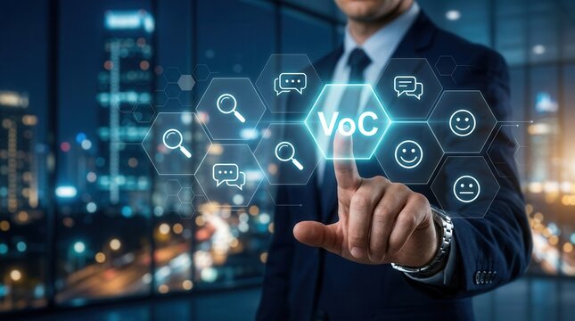 A businessman interacting with a digital VoC interface to improve product and service quality.
