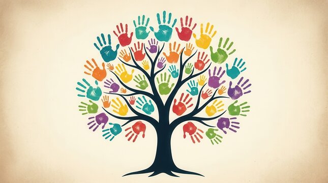 Diverse community concept with a tree of colorful hands symbolizing philanthropy and charity.