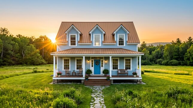 Beautiful Luxury Family House with Green Lawn at Sunset
