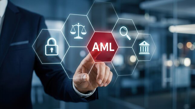 A businessman touching an AML hexagon icon to enhance compliance and mitigate liability.