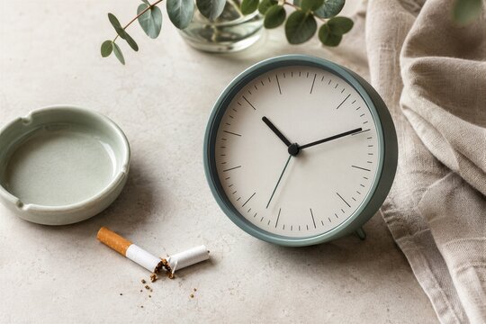 Broken cigarette lying next to a clock and an ashtray. Concept of smoking cessation and quit smoking plan. Health improvement, lifestyle change and willpower for a smoke-free life.