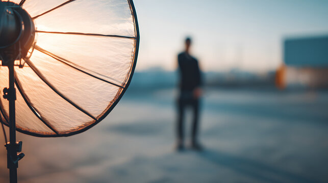 Soft golden light spills from large reflector as blurred person stands in urban rooftop photoshoot creating cinematic mood and shallow depth of field