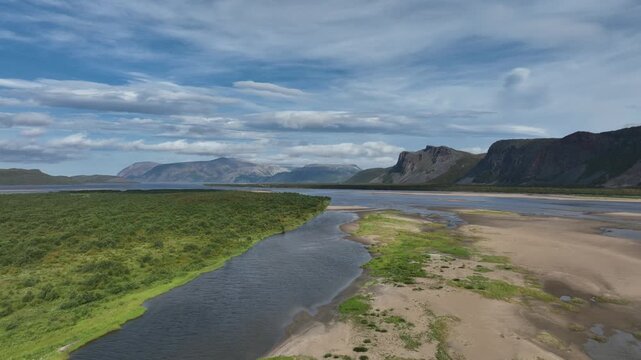 Aerial view of Tana Rver, Tanaelva, with large sand bank in northern Norway