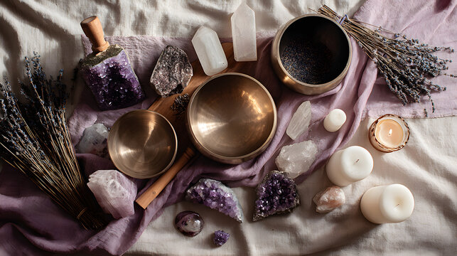 Soothing sound bath setup with singing bowls, amethyst crystal clusters, selenite wands, dried lavender bundles and white candles arranged on linen for relaxation