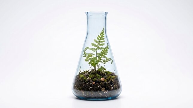 Miniature Fern Terrarium in Erlenmeyer Flask on White Background