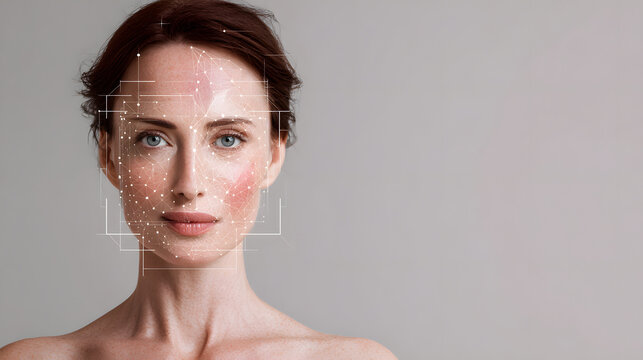 Young woman with facial skin analysis overlay highlighting complexion, texture and digital mapping, close up portrait conveying dermatology assessment and cosmetic technology