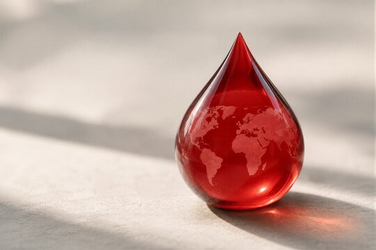 Red glass blood drop with world map inside. Concept of global blood donation and medical charity. International donor awareness symbol for humanitarian aid and healthcare research.