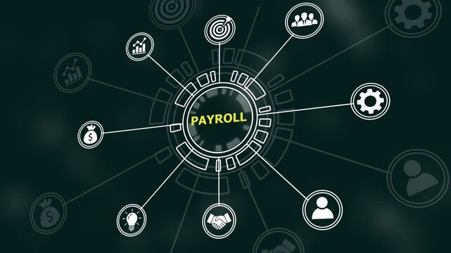 Payroll management system infographic animation featuring digital network nodes, financial and corporate data processing connectivity for modern business accounting and human resources