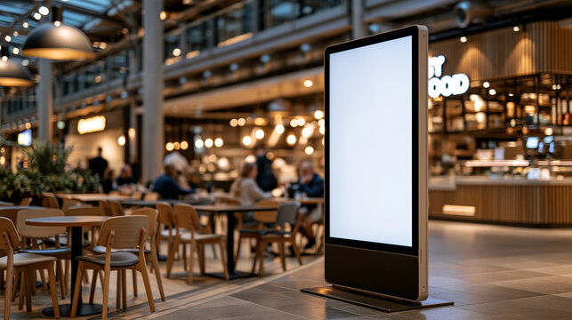 Modern digital signage totem with seamless blank white screen near mall food court, softly blurred seating areas, warm ambient lighting, ultra-realistic commercial photography, ret